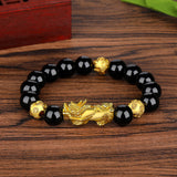 Wealth and Luck Black Buddhism Six Words Obsidian Pixiu Bracelet 12mm