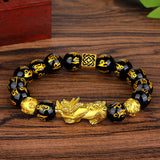 Wealth and Luck Black Buddhism Six Words Obsidian Pixiu Bracelet 12mm