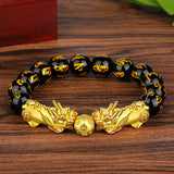 Wealth and Luck Black Buddhism Six Words Obsidian Pixiu Bracelet 12mm