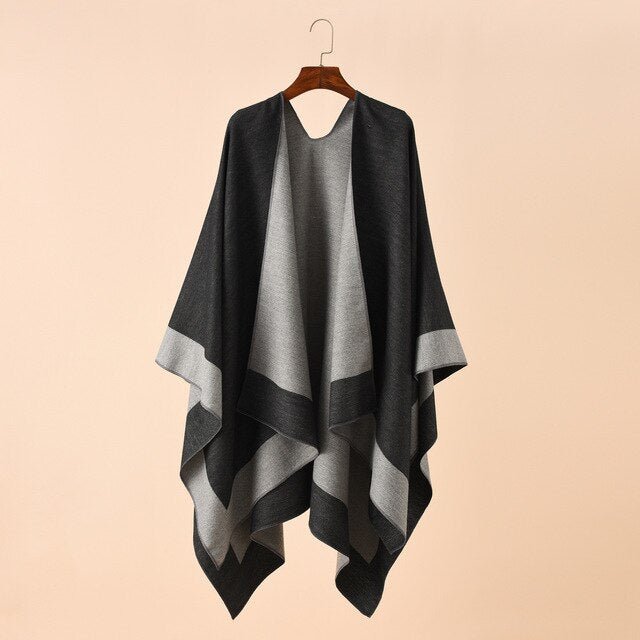Winter Two Toned Super Soft and Cozy Poncho Wrap for Women - Gray