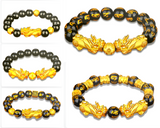 Wealth and Luck Black Buddhism Six Words Obsidian Pixiu Bracelet 12mm