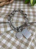 Dog Tag Bracelet Chain with Grace Charm Silver Stainless Steel Silver Plated