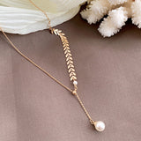 Wheat Leaves Pearl Necklace Gold Adjustable Stainless Steel  #B-045