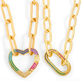 Multicolor Micro Pave Heart Gold Paper Clip Chain Necklace