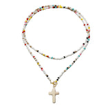 Handmade Colorful Glass Seed Beads Cross Pendant Double-Layer Necklace