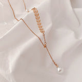 Wheat Leaves Pearl Necklace Gold Adjustable Stainless Steel  #B-045