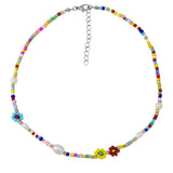 Colorful Beaded Necklace with Pearl & Daisy Flower