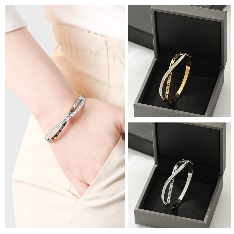 Stainless Steel Gold Roman Numeral Bangle