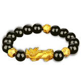 Wealth and Luck Black Buddhism Six Words Obsidian Pixiu Bracelet 12mm