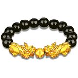 Wealth and Luck Black Buddhism Six Words Obsidian Pixiu Bracelet 12mm